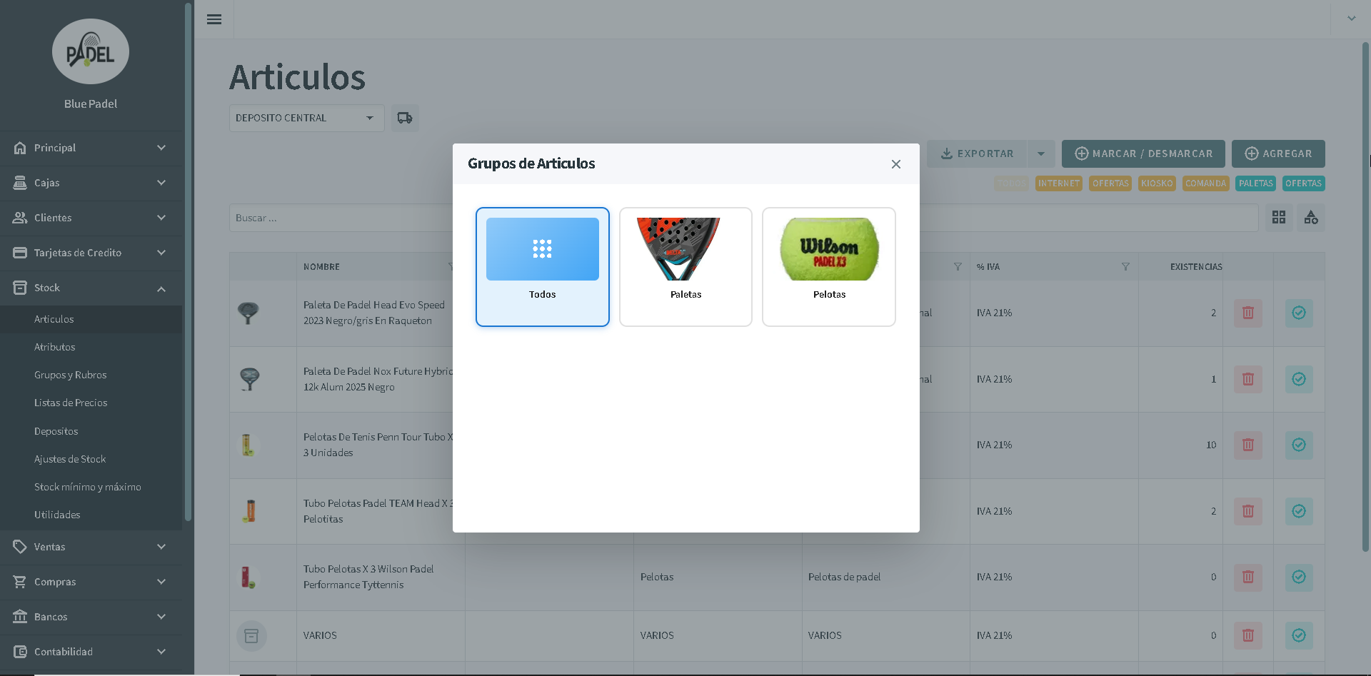 Listado de art&iacute;culos y grupos en Todosoft