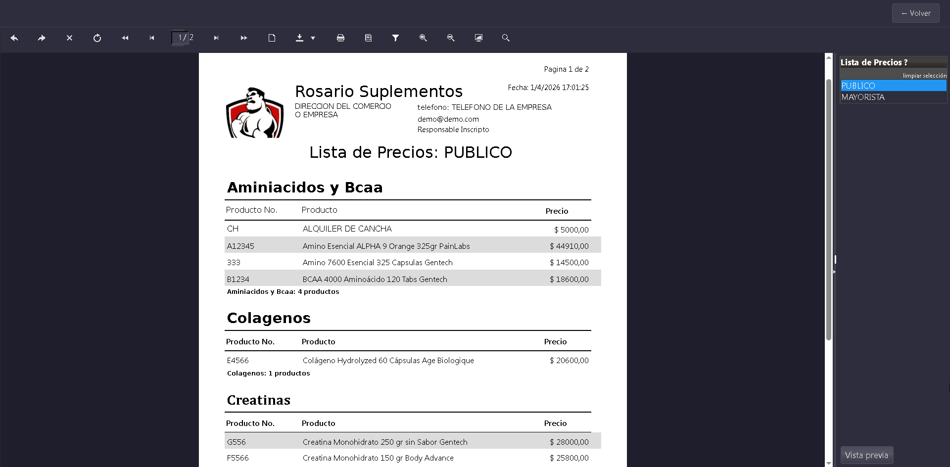 Listado de precios impreso desde Todosoft